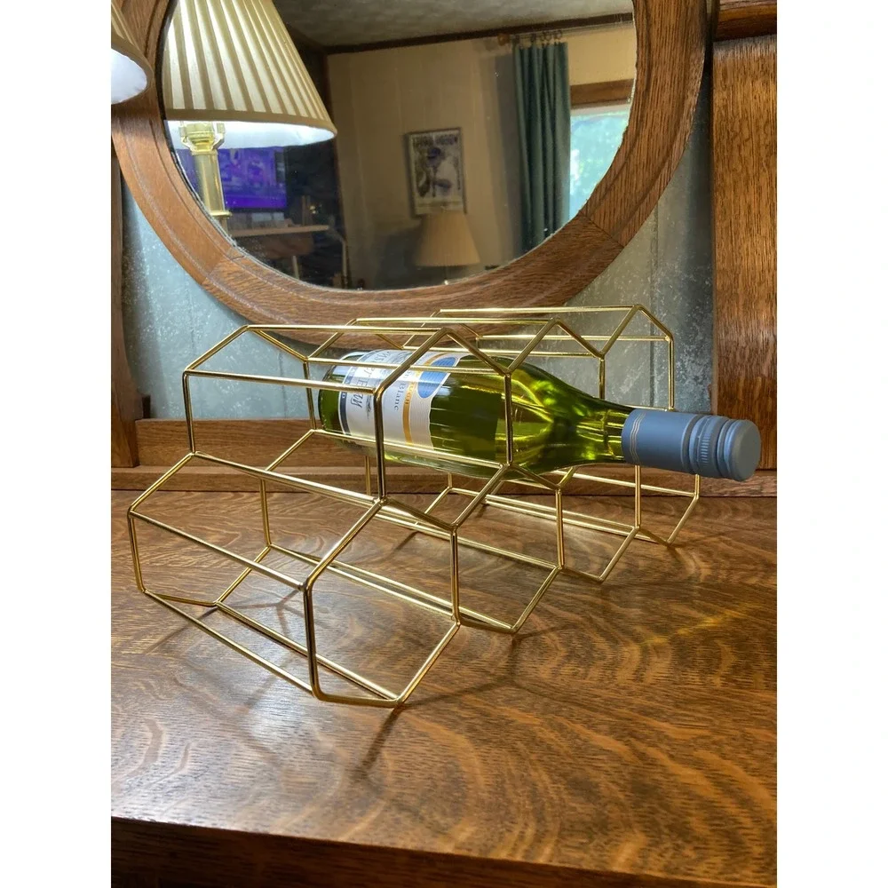 Modern Gold Wire Honeycomb Wine Rack 6 Bottle Geometric Metal Countertop Display